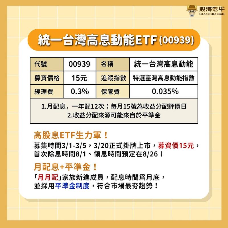 00939統一台灣高息動能8月配息0.068元！除息日、股息發放日一次看